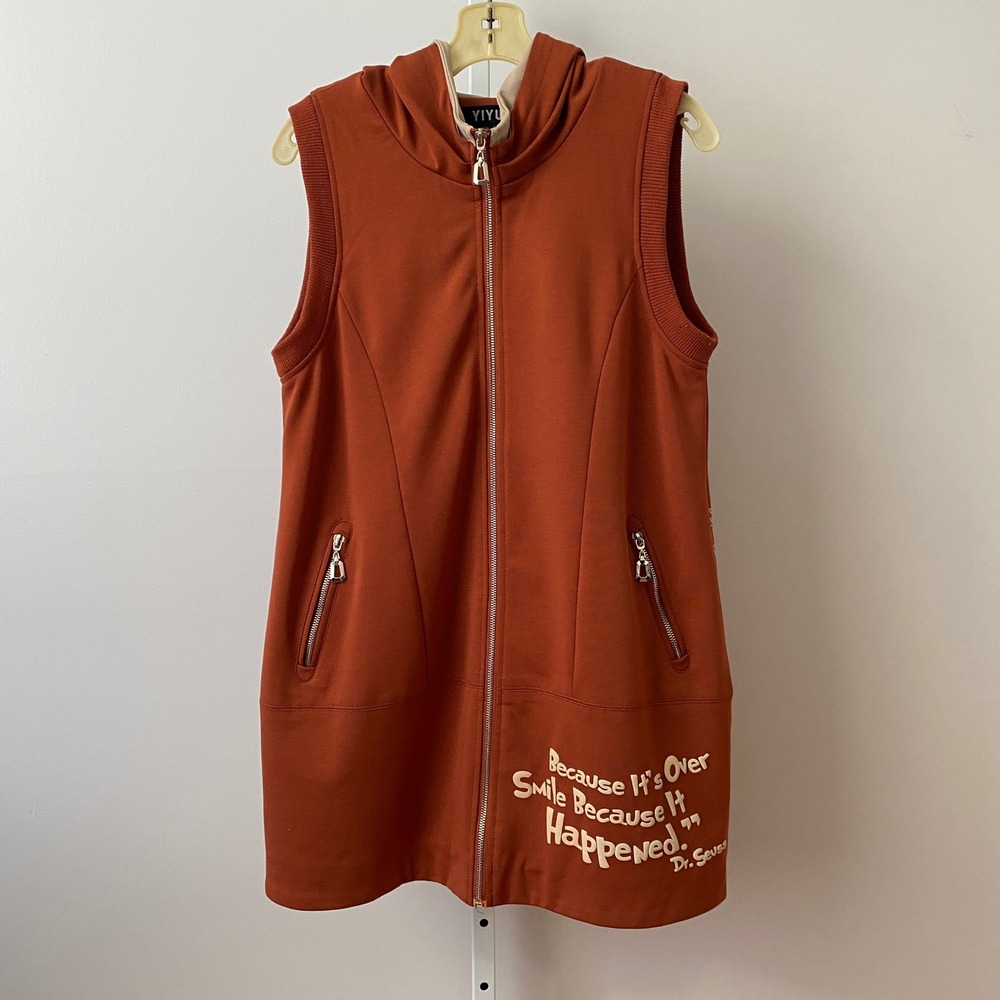 YIYU Size M Burnt Orange Sleeveless Zip Up Hooded Vest Dr Seuss Graphic Print